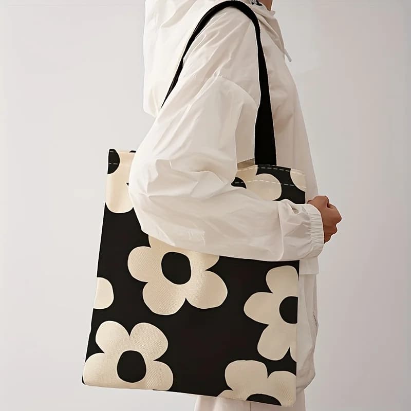Yellow flower printed tote bag, reusable fashionable backpack, multifunctional handbag, printed canvas shopping bag