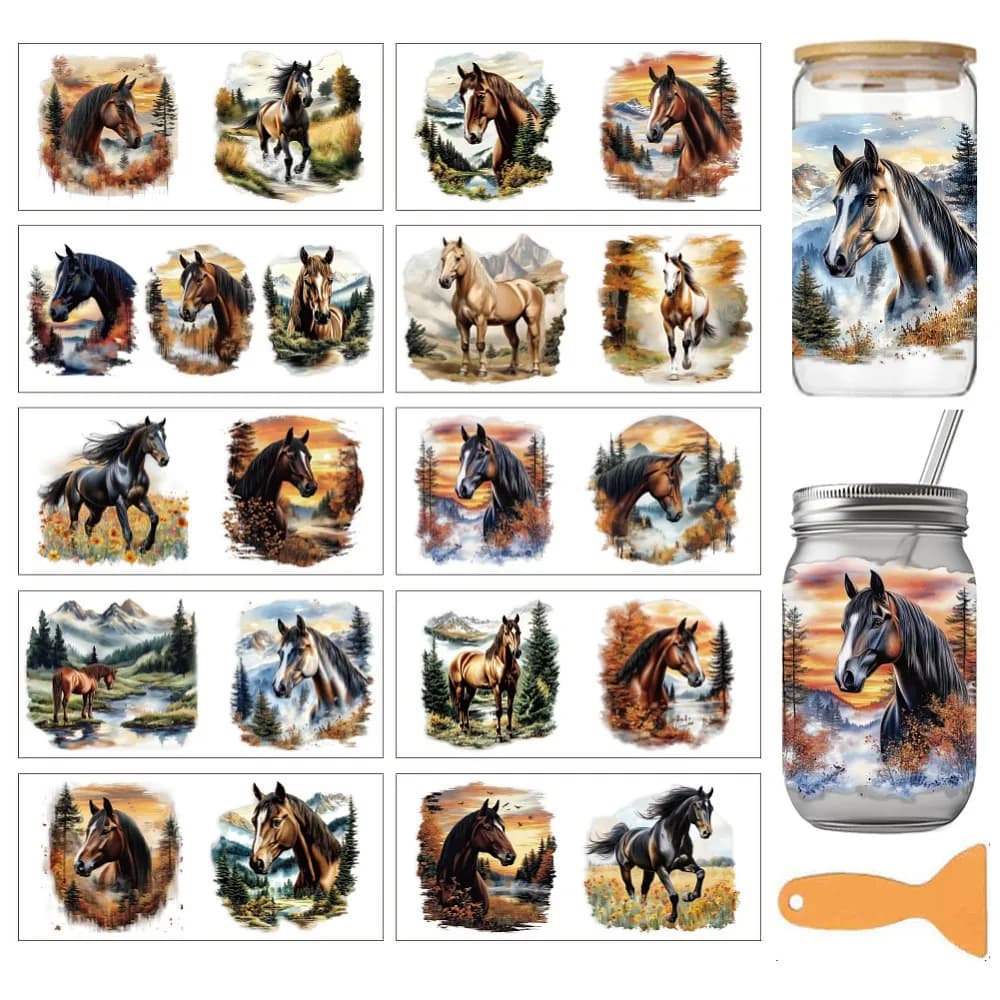 10Pcs 10 Styles PVC DIY Heat Transfer Paper for UV Sublimation Cup Horse 240x110mm 1pc/style