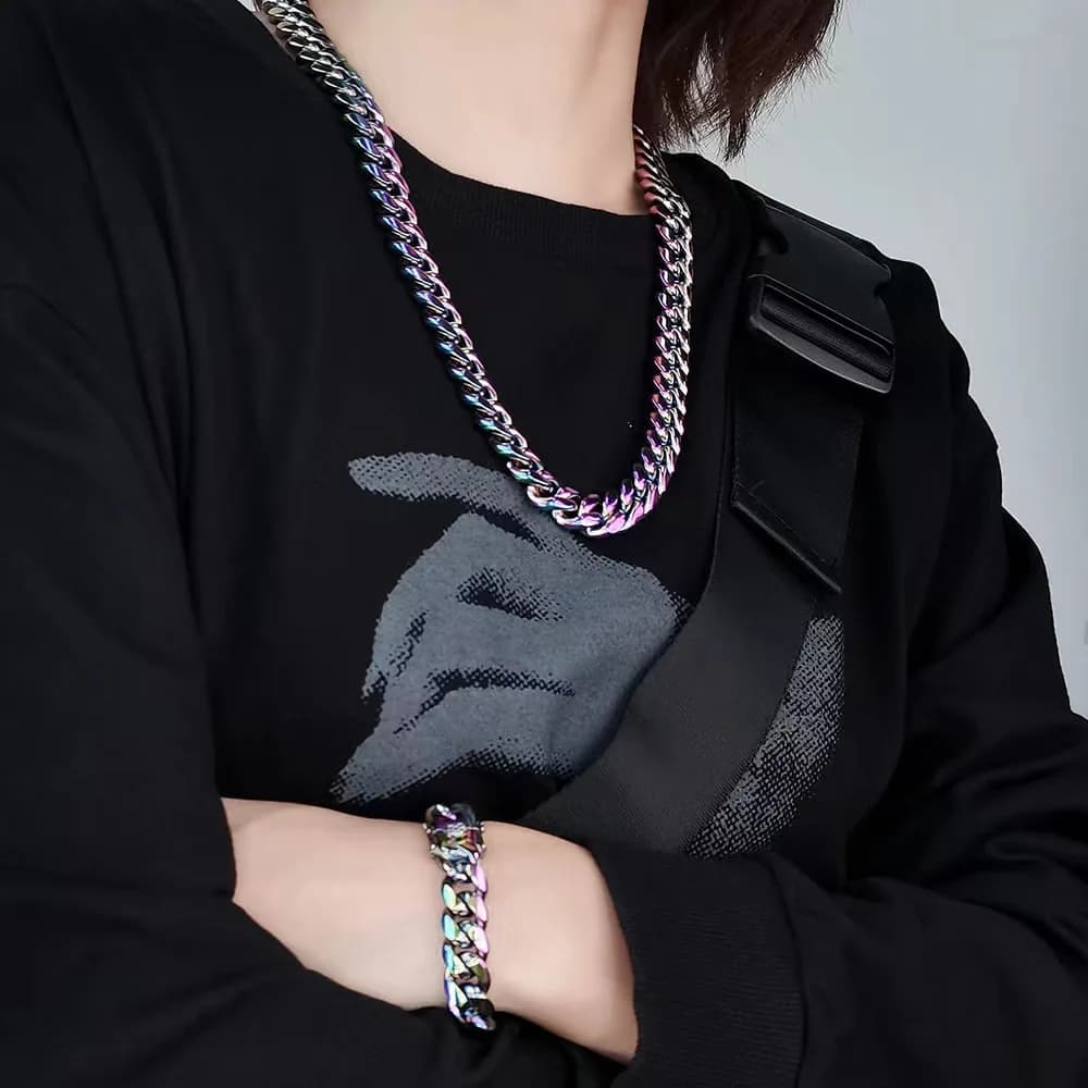12mm/14mm Punk Curb Cuban Chain Necklace Bracelet Men Women Hiphop Rainbow Stainless Steel Dragon Lock Clasp Choker Jewelry