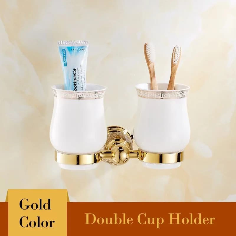 Portabicchieri per spazzolino da denti in cristallo dorato in acciaio inossidabile set di ciondoli per portaoggetti da bagno in ceramica a due tazze