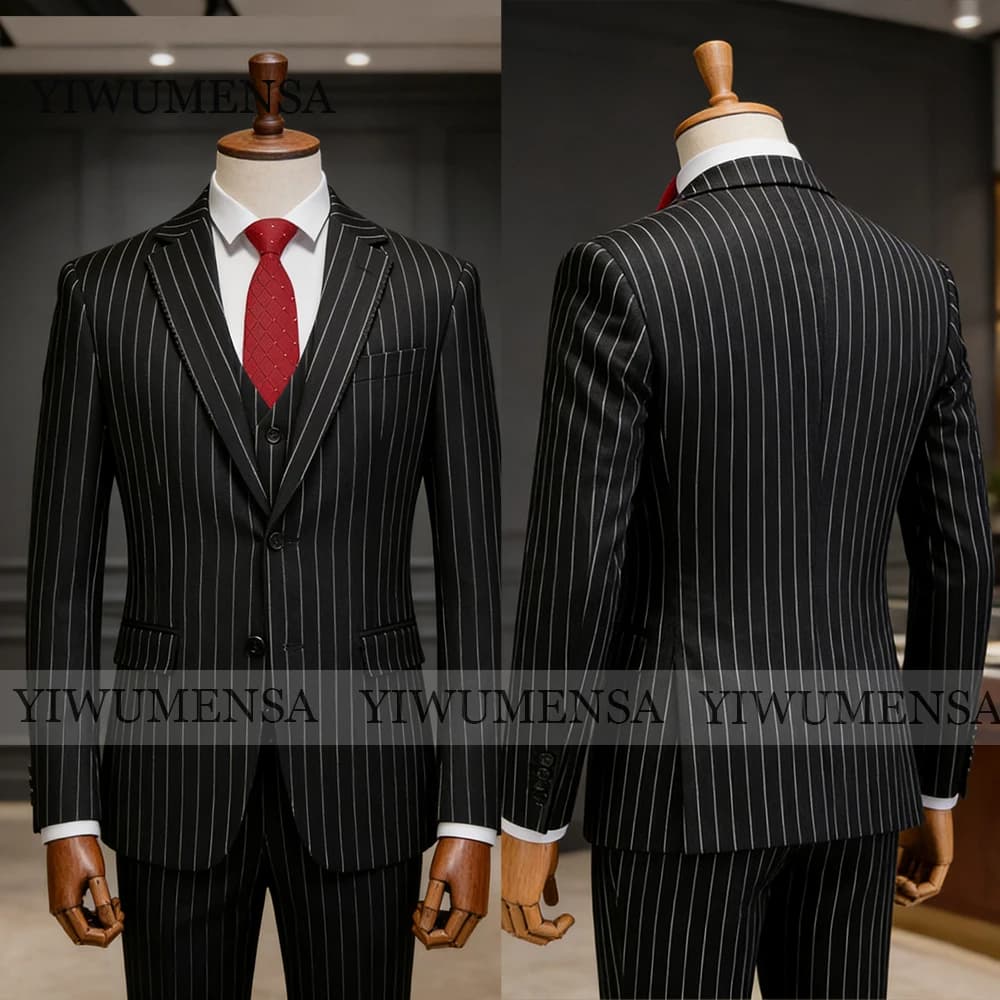 Eleganti Completi da Uomo in Stile Britannico, Set 2 Pezzi con Giacca e Pantaloni a Righe Verticali, Smoking Personalizzato per Sposo