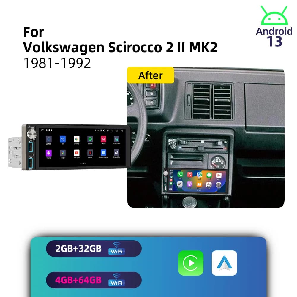 Carplay Android for VW Volkswagen Scirocco 2 II MK2 1981-1992 1Din Car Stereo 6.86 Screen Multimedia Autoradio Radio Head Unit