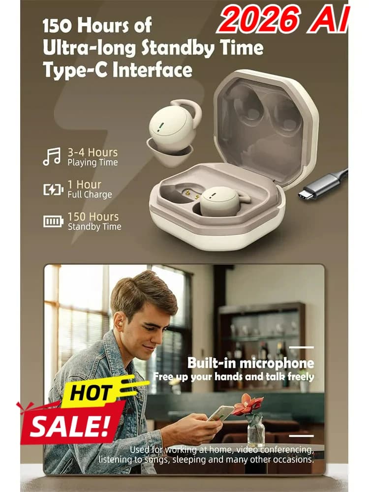 2026 NEW ultra thin deep sleep earphones for lateral sleep Invisible noise cancellation for rest Wireless comfortable earphones