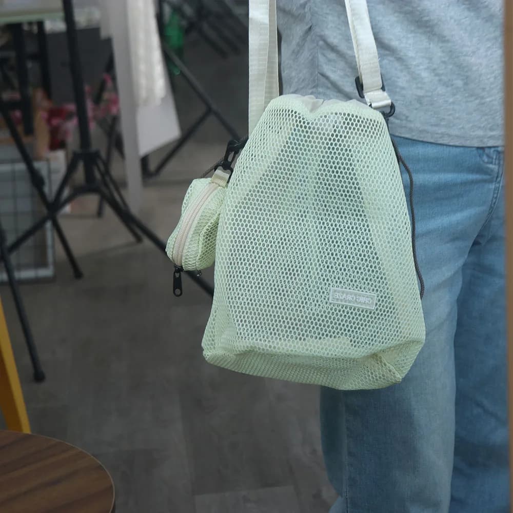 Borsa a secchiello con coulisse in stile coreano, con portamonete, borsa a tracolla in rete trasparente, borsa a tinta unita, borsa per cellulare da donna