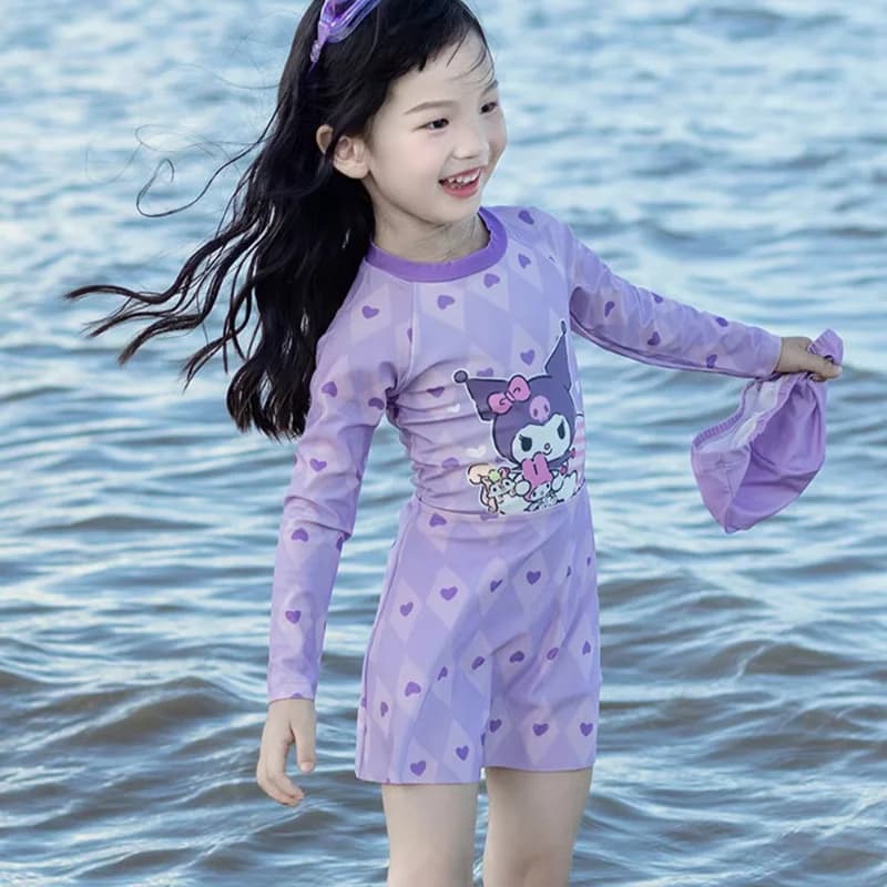 Sanrio Kuromi My Melody Costume da bagno per bambina Anime Kawaii Cinnamoroll Abbigliamento da spiaggia professionale con protezione solare ad asciugatura rapida per bambini