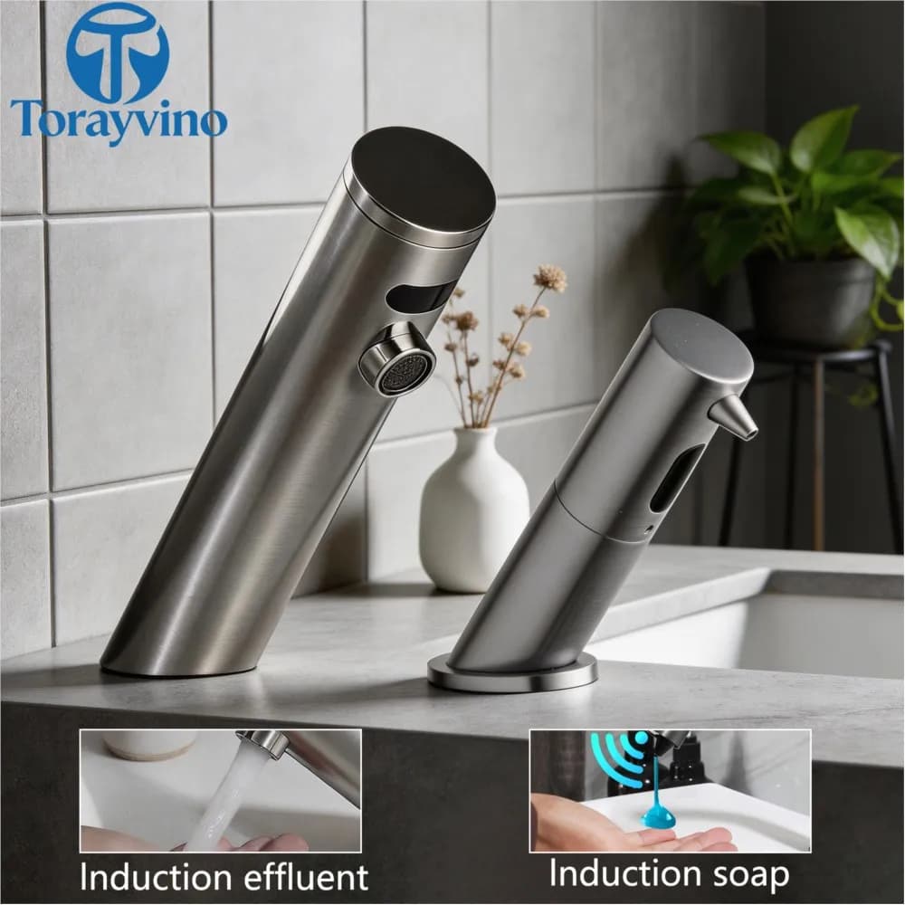 Rubinetto da Bagno e Cucina Torayvino in Nichel, Design 2 in 1, Dispenser Automatico di Sapone Touchless da 500ml, Solo Acqua Fredda, Miscelatore per Lavabo