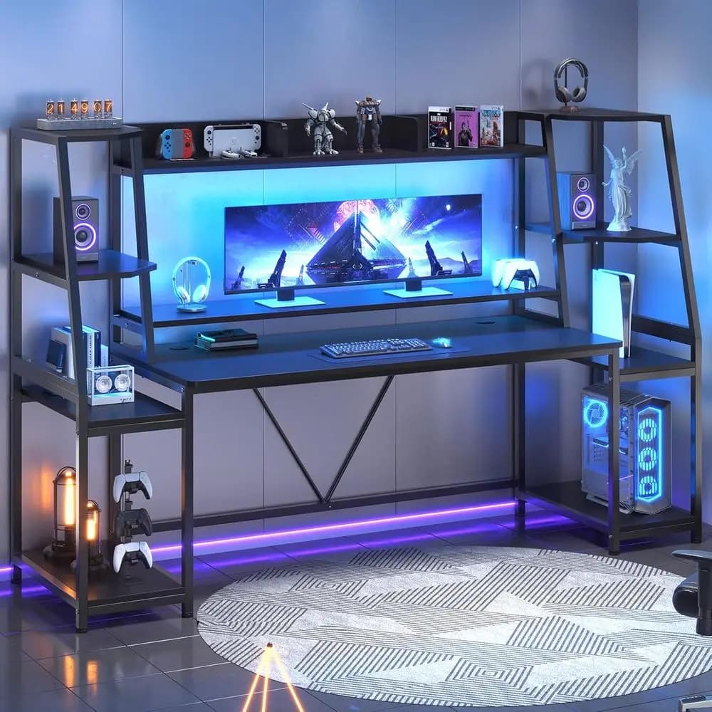 Gaming 78.8 Desk with LED Lighting, Vano Storage, Ripiano and Monitor Support - Ergonomic Desk for Players and Home Offices