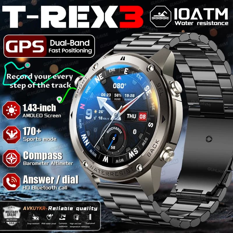 New T-REX3 GPS ultra military SmartWatch AMOLED 1.43 inch with GPS compass dual band altimeter called BT 10ATM swimming Smartwatch men's