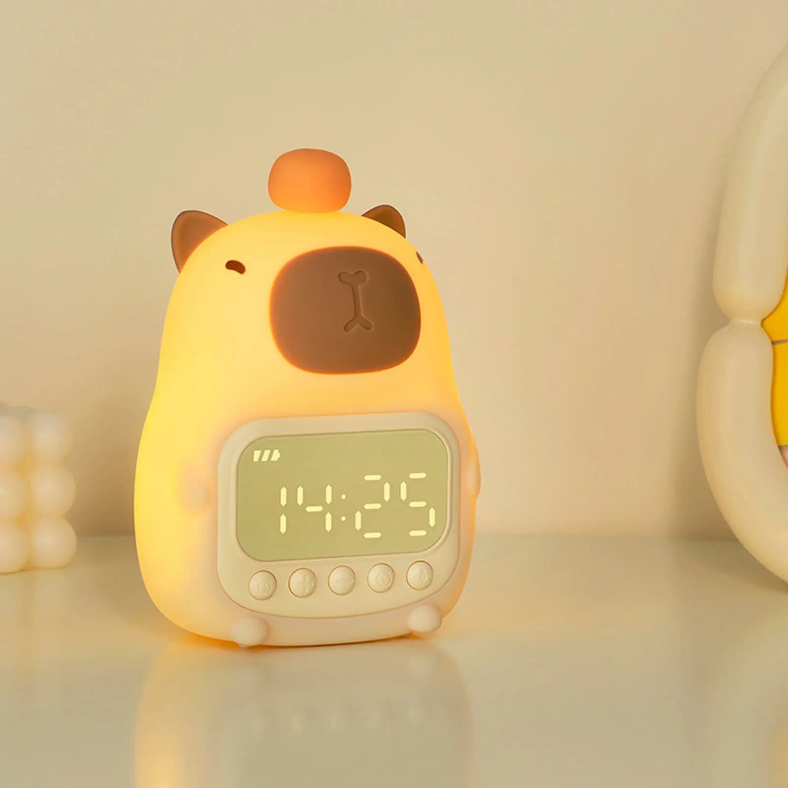 Sveglia per bambini Luce notturna Orologio capibara animale carino integrato Luce notturna dimmerabile per camera da letto