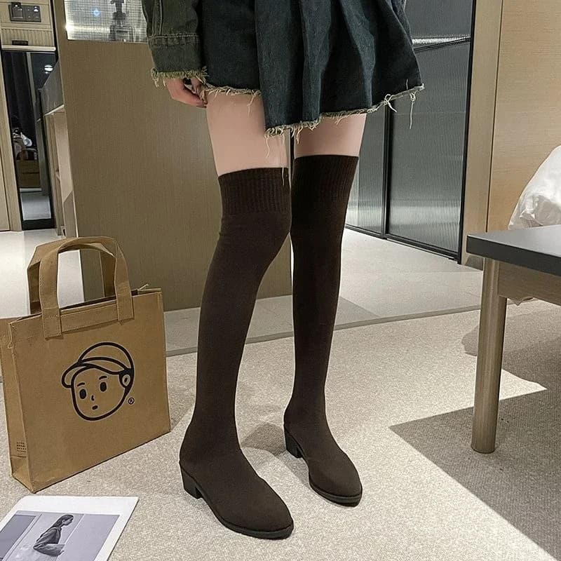 Women's Elastic Sock Boots 2025 Spring Autumn Versatile Boots Over Knee Chunky Heel Toe Slimming Size Large
