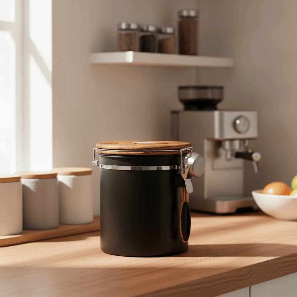 304 Stainless Steel Coffee Bean Storage Tank Airtight with Spoon Tea Leaf Canister Wood-grain Pattern Lid Moisture-proof