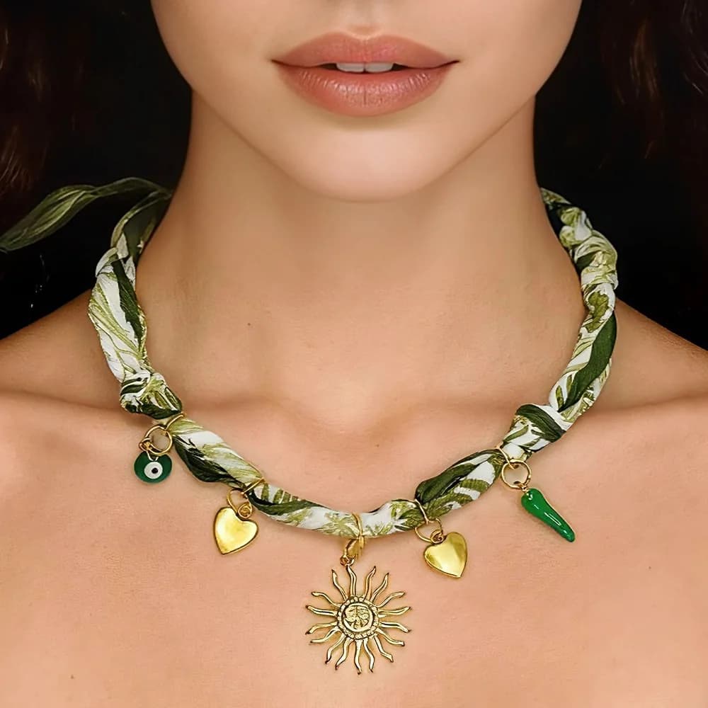 Golden Sun Charms Scarf Necklace Adjustable Choker with Heart, Cross, Pearl, Tulip, Cherry, Vintage Jewelry Gift