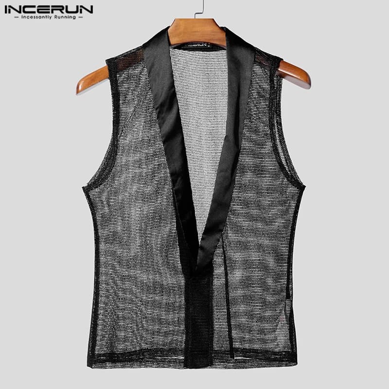 Top Estivo Senza Maniche da Uomo 2026, Maglietta in Rete Traforata Trasparente, Streetwear Patchwork Nero, INCERUN