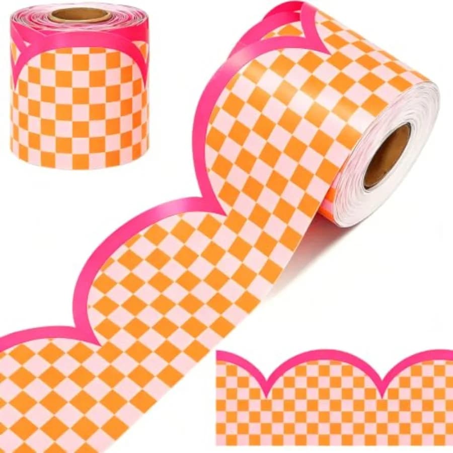 65 Ft Plaid Bulletin Board Border Trim, Scalloped, Pink Orange Boho Groovy Checkered, Die Cut Border Roll, for Party Home Class