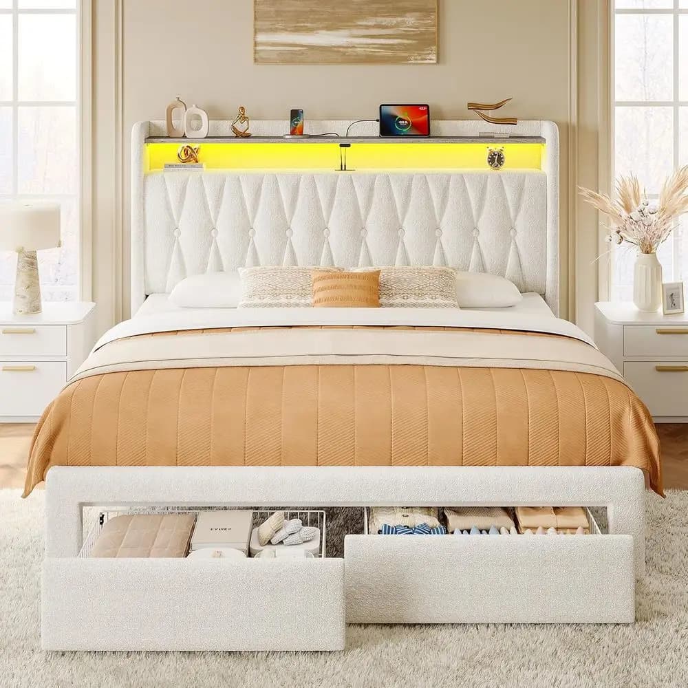 Letto matrimoniale imbottito con cassetti, pannello portaoggetti con stazione di ricarica e luci LED, con doghe in legno resistente, senza molle a box spring