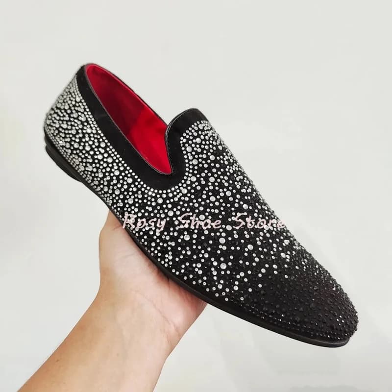 Mocassini stringati elastici con cuciture in cristallo nero sfumato argento Oxford da uomo di lusso per feste Scarpe da sposa casual rosse con glitter