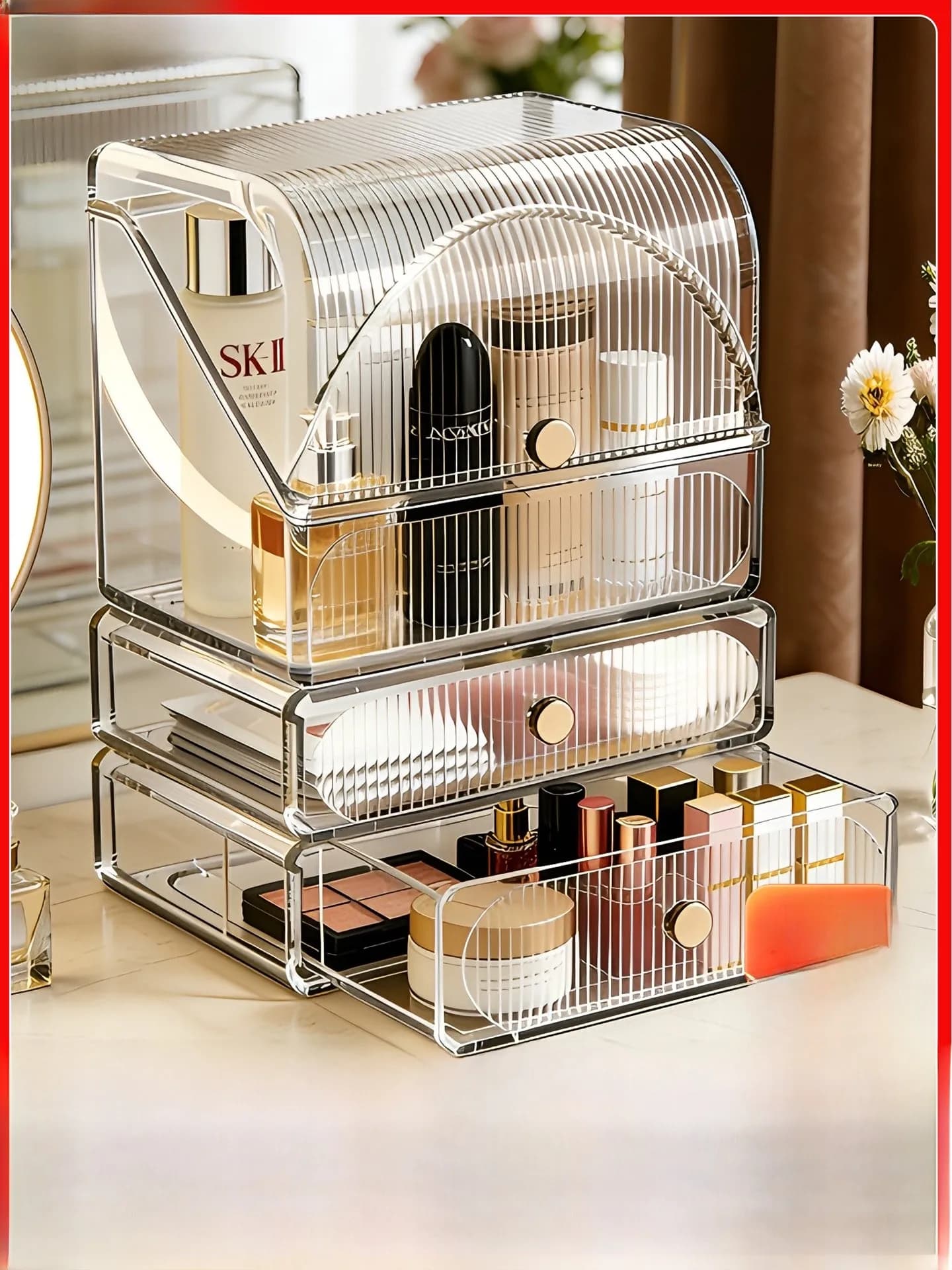 Scatola portaoggetti cosmetici in acrilico, organizer da scrivania antipolvere per trucchi, skincare e rossetti, con coperchio trasparente per la casa