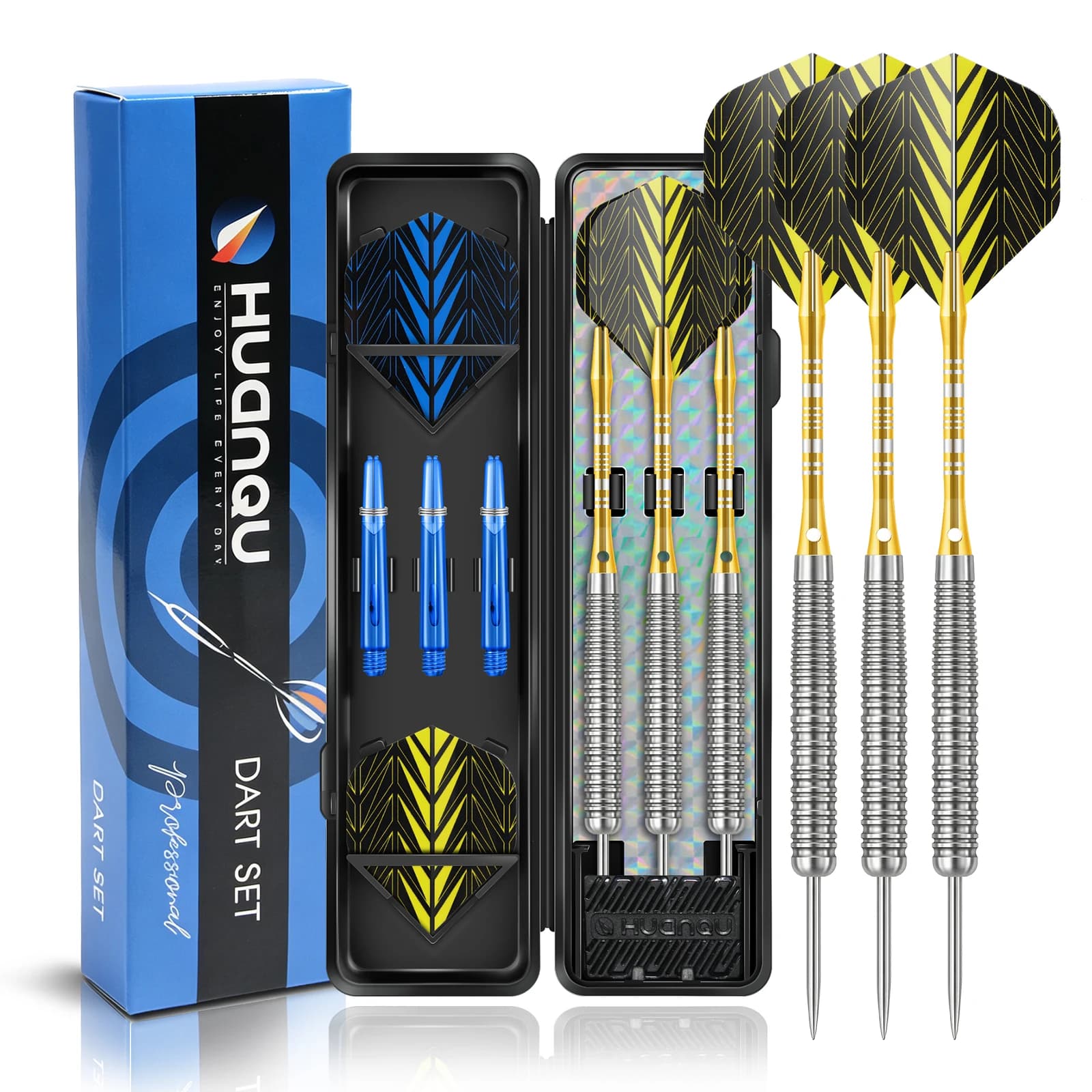 HUANQU 3Pcs 17g Steel Tip Darts Set Professional Darts Textured Grip with Spare Shafts Flights Storage Case for Training Games