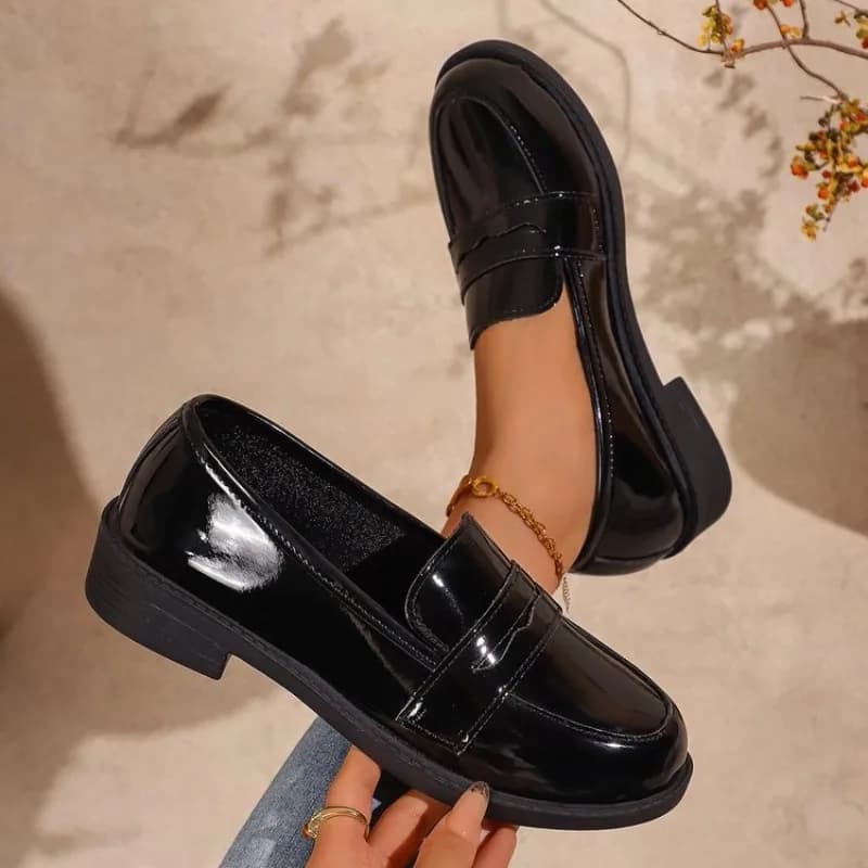 Women's Loafers Round Toe Low Block Heel Glossy Patent-Look Finish Slip-On Penny Slot Casual Dress Shoes Classic Vintage Style