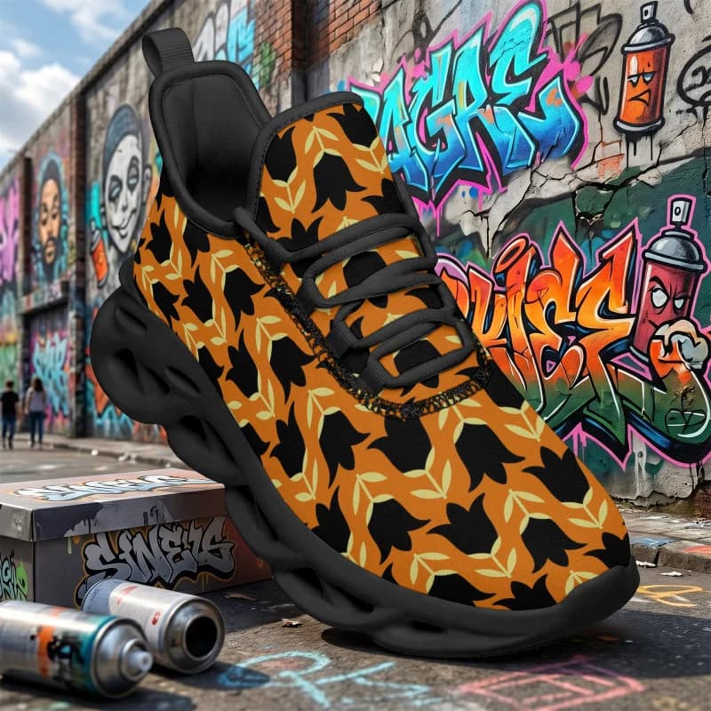Ladies Men's Wide-Fit Breathable Sports Shoes - Large size orange tulip print loafers，Round-toe lace-up sneakers，Suitable for Ev