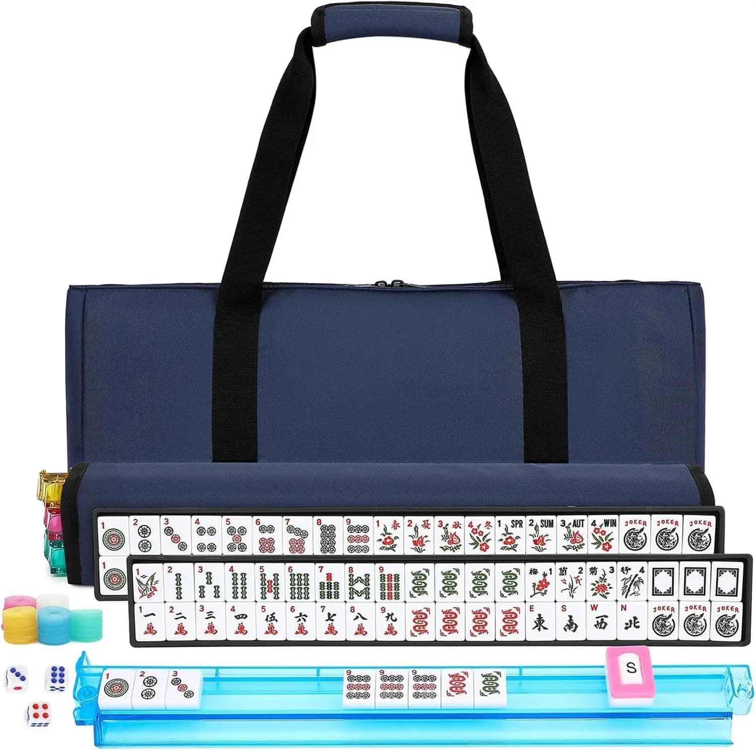 Set di 166 Tessere Mahjong Bianche, 4 Supporti, Borsa da Viaggio Blu, Stile Americano