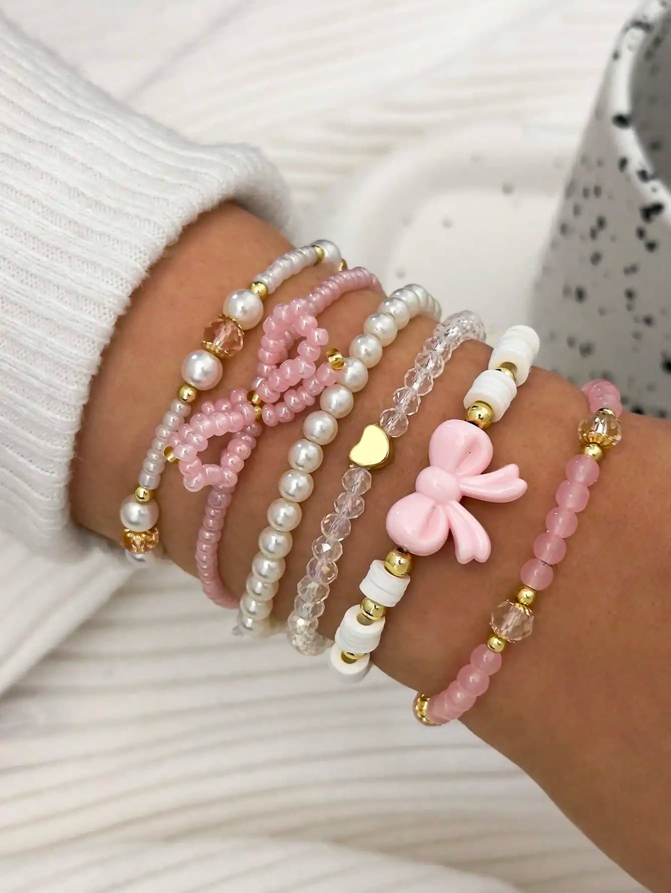 6pcs/Set Fashionable Heart & Bow Beaded Bracelet Set For Women