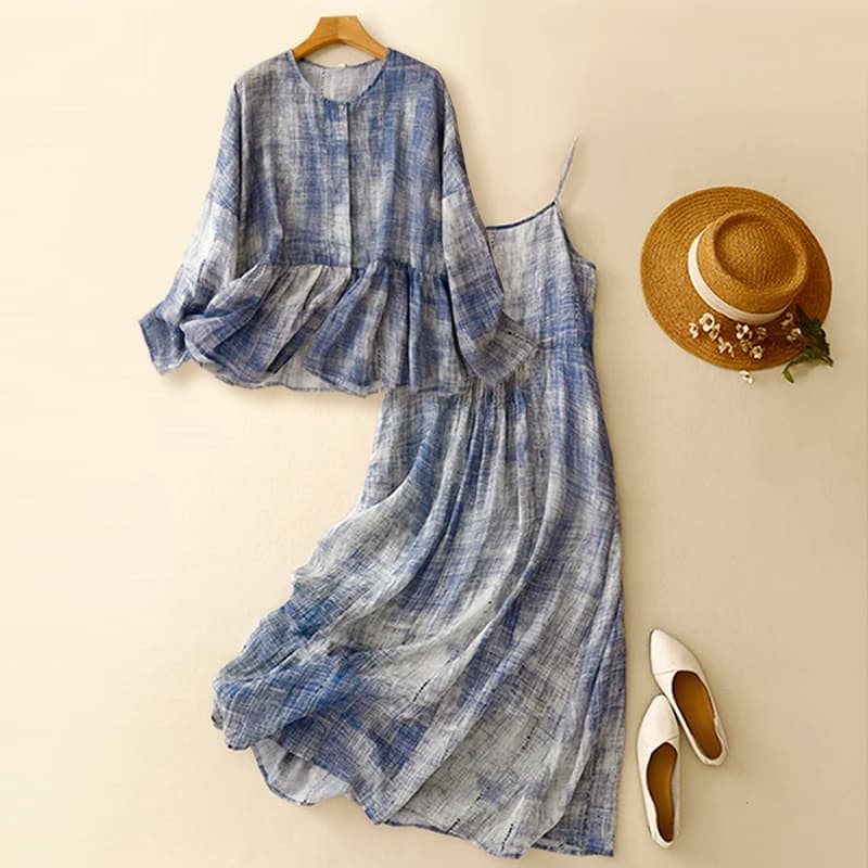 Blue Ombre New Chinese Style Thin Cardigan Strapless Dress Two-Piece Set Summer Wear Artistic Print Cotton Blend Moisture Wic...