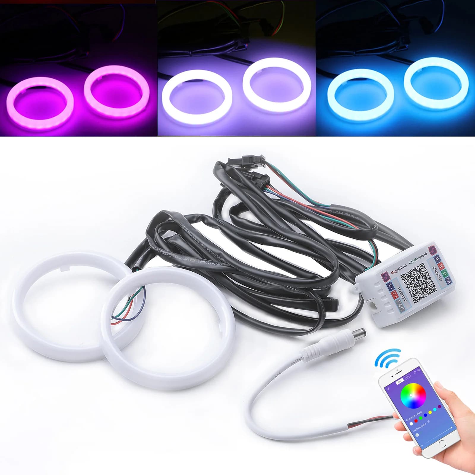 Fari LED con Anelli Luminosi RGB Angel Eyes, Luci Diurne DRL per Lenti Proiettore LED, Controllo APP, 60mm 70mm 80mm 90mm 100mm