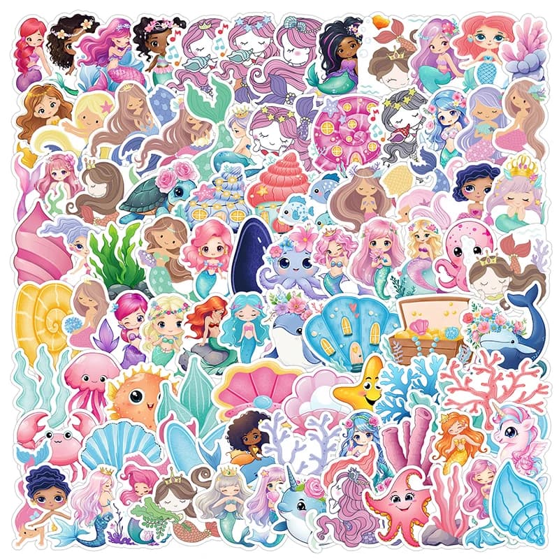 100 Pieces Adhesive Princess Siren for Children, Fa-da-Te Decorations for Helmet, Chancellery, Water Bottle, Bicycle, Guitar, Exterior Decalcomanie, Toys, Gift