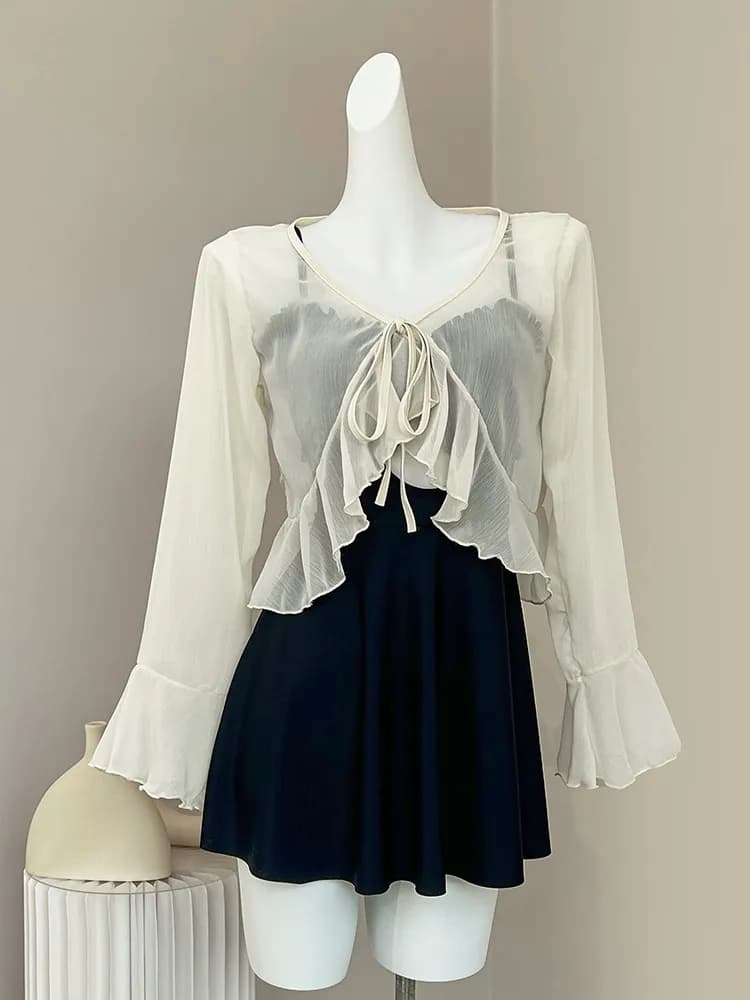 Copricostume in chiffon impermeabile a maniche lunghe, protezione solare, stile fata, cardigan aperto, coprente e snellente
