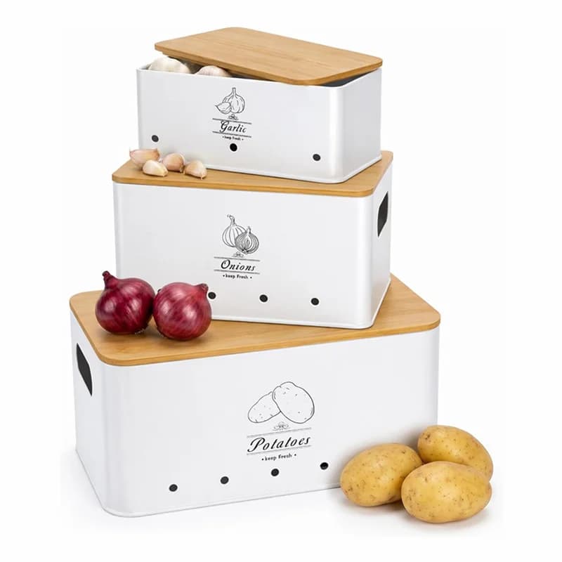 3 Pack Metal Vegetable Storage Onion Garlic Potato Storage Set Kitchen Canisters Vegetable Keeper Containers with Aerating Holes