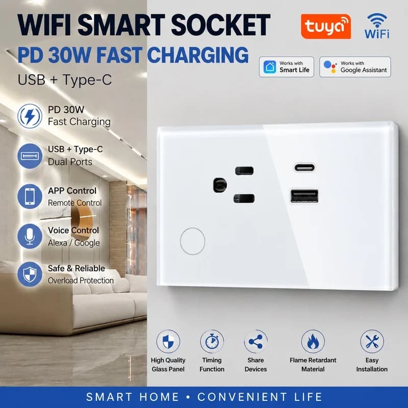 WiFi Smart Plug US Socket PD 30W Fast Charger USB Type C Energy Monitoring Power Meter Remote Control Alexa Google Home