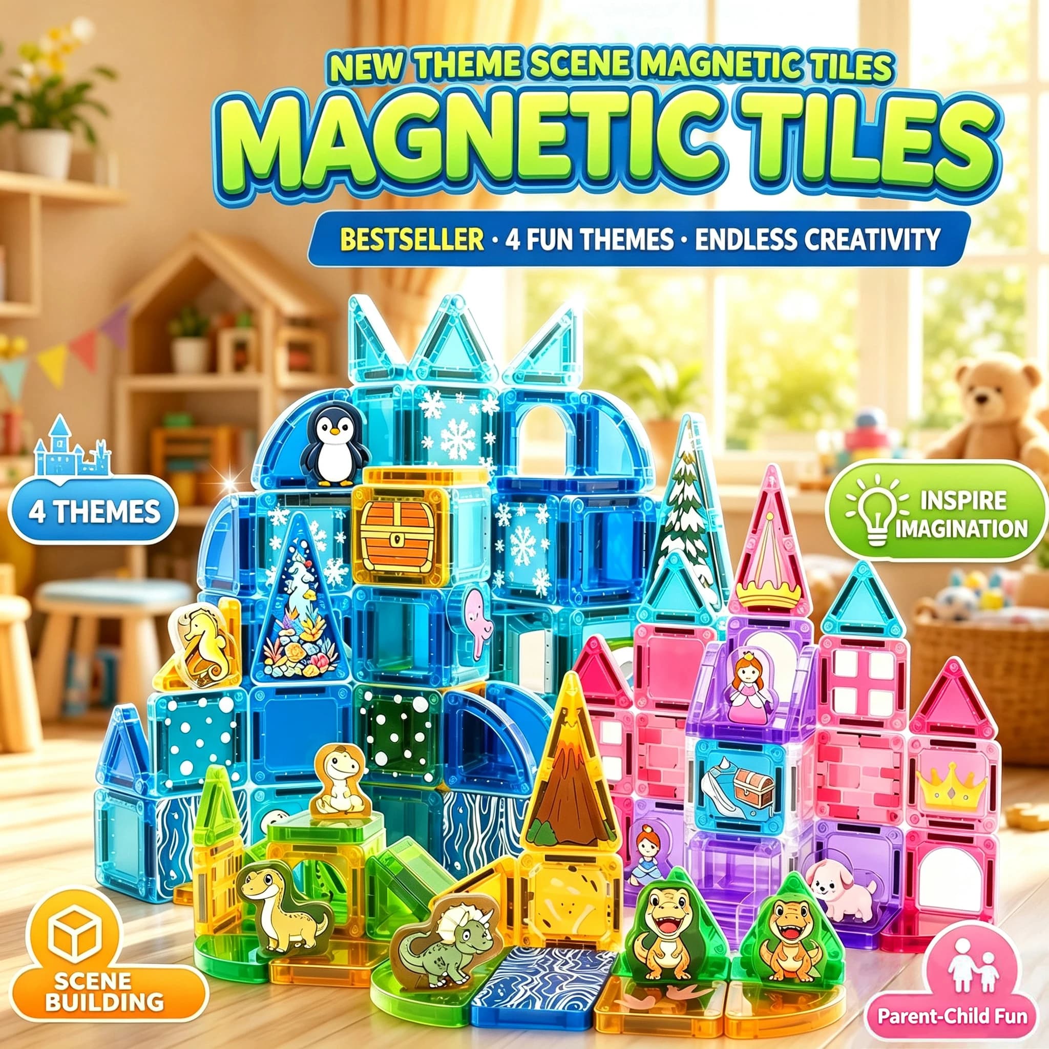 Mini Color Window Magnetic Tiles Dinosaur Princess Ocean Ice Alphabet Number STEM Educational Building Blocks Toy For Kids Gift