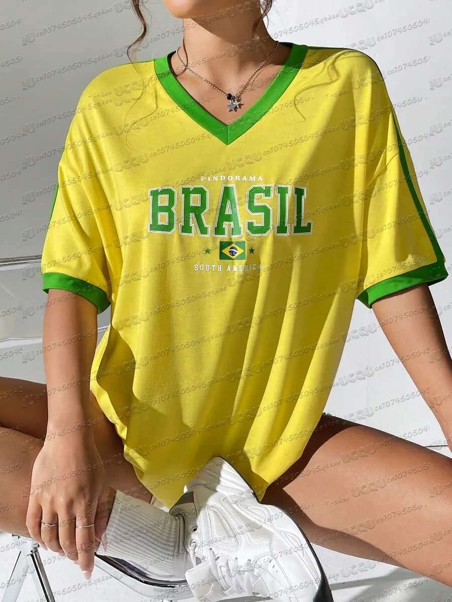 T-shirt in maglia da calcio giallo brillante da donna estiva con top sportivo casual allentato a maniche corte con stampa di lettere brasiliane