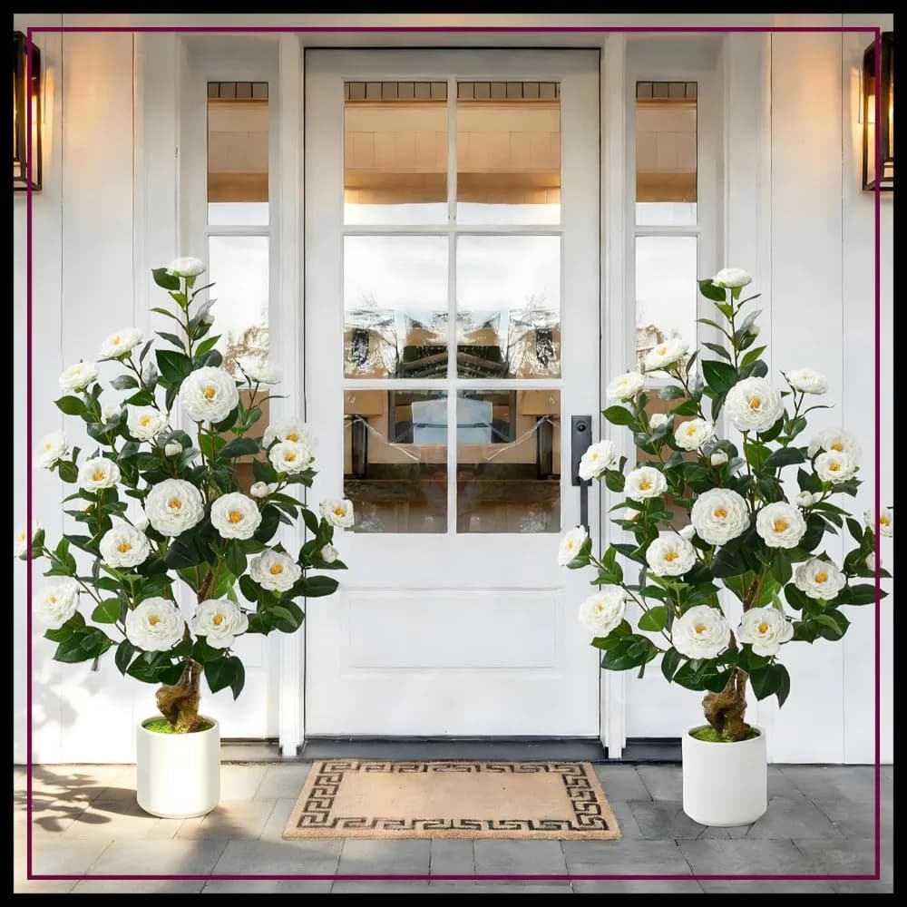 2 Pezzi Alberi di Camelia Artificiali da 38 Pollici, Piante Finte in Vaso per Decorazioni Interne/Esterne