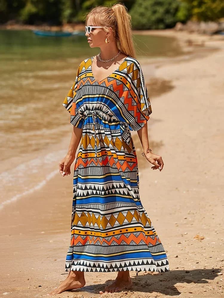 2025 new Geometry Printed Beach Cover-Ups Women Robe Lace Up V-Neck Plus Size Beach Long Dress Summer Fashion Swimsuit Cover Up