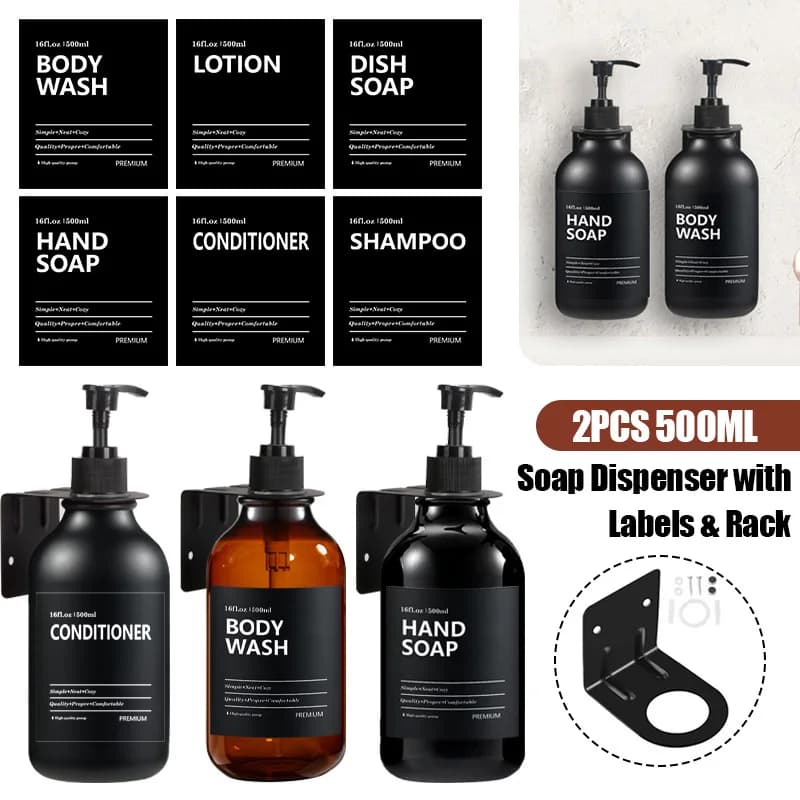 Dispenser di sapone da 500 ml con cremagliera, etichetta, adesivo, shampoo balsamo ricaricabile a parete, bottiglia vuota, forniture per la cucina del bagno