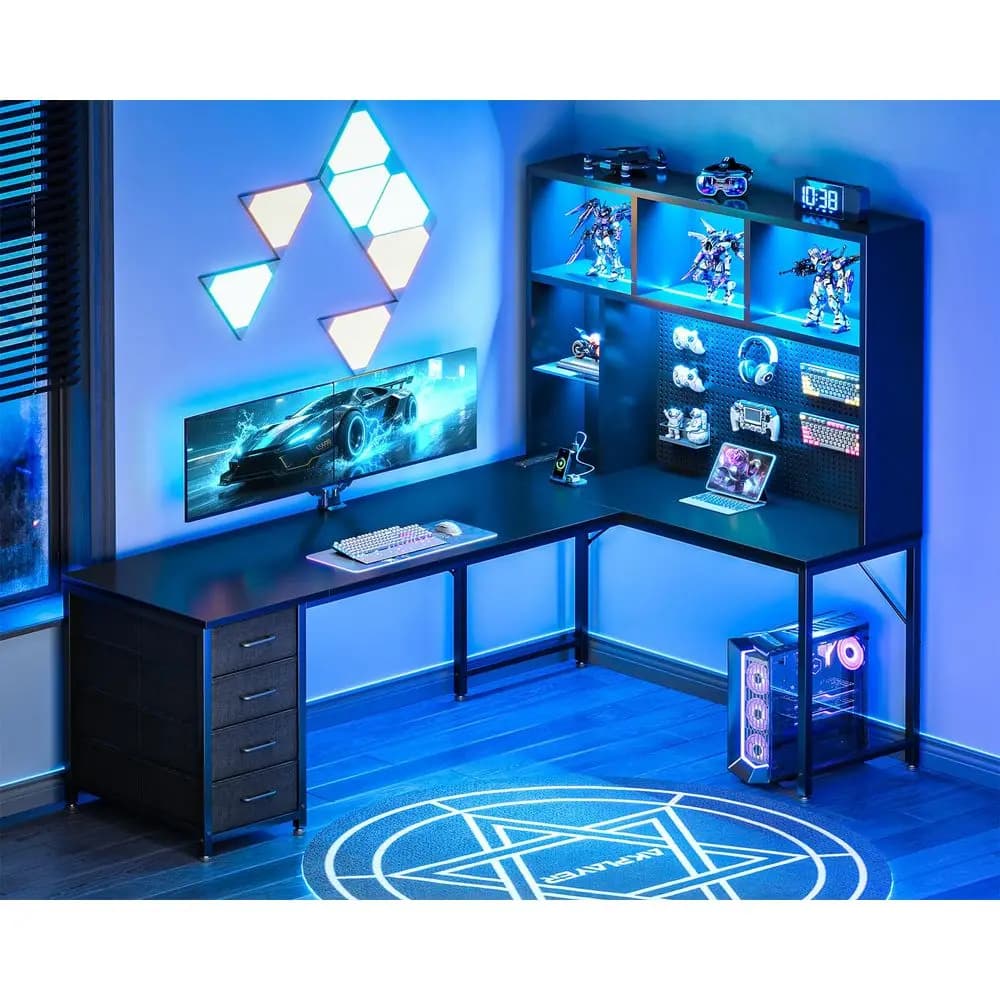 71 L Shaped Gaming Desk with Hutch, Pegboard amp Shelves, L Shaped Desk with 4 Drawers, Integrated LED Light Strip amp Power Ou