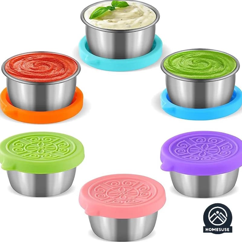 Contenitore per condimenti per insalata da 1 pezzo con tazza riutilizzabile in acciaio inossidabile da 1,35 oz/40 ml e coperchi in silicone a tenuta stagna per scatola da pranzo e picnic