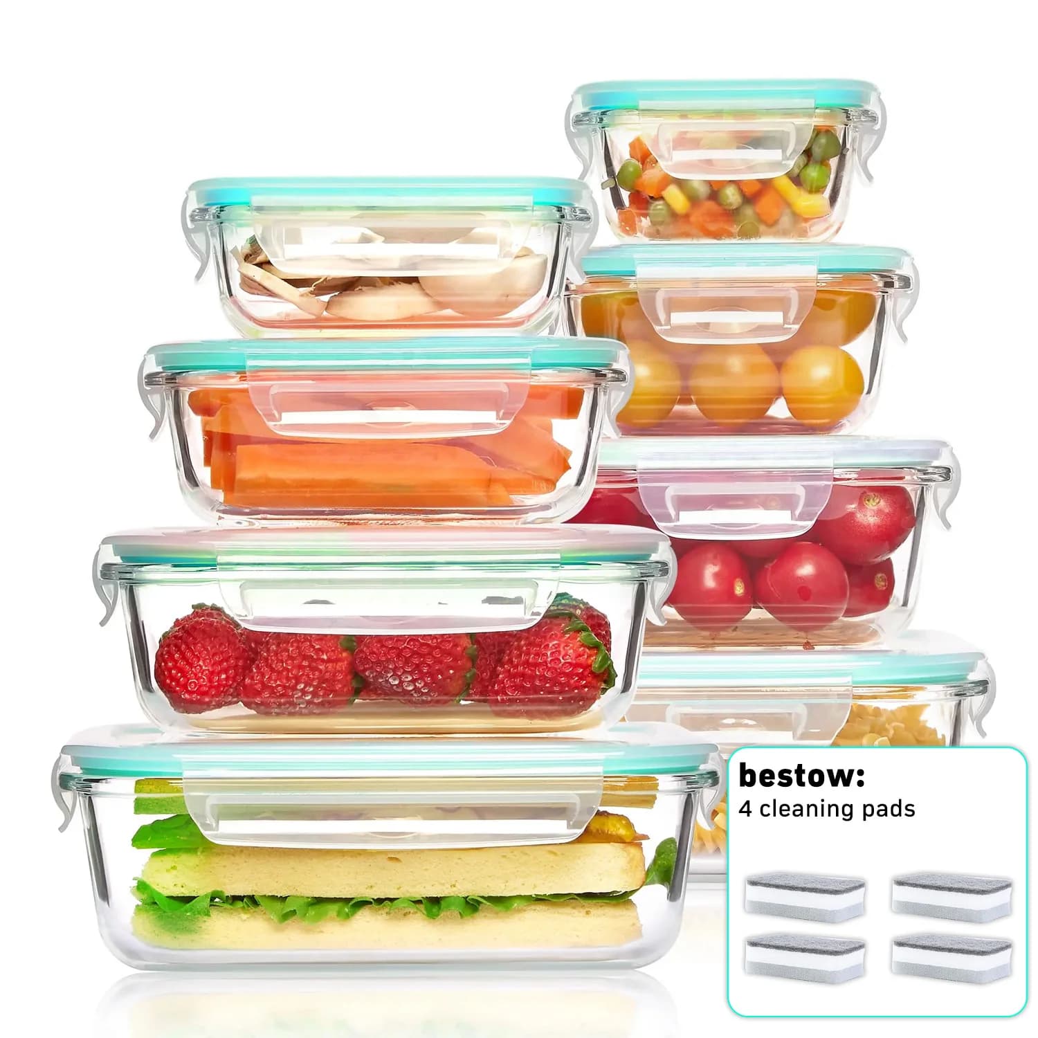 Set di 8 Contenitori Ermetici in Vetro Borosilicato per Alimenti, Impilabili e Resistenti a Microonde, Forno, Congelatore e Lavastoviglie