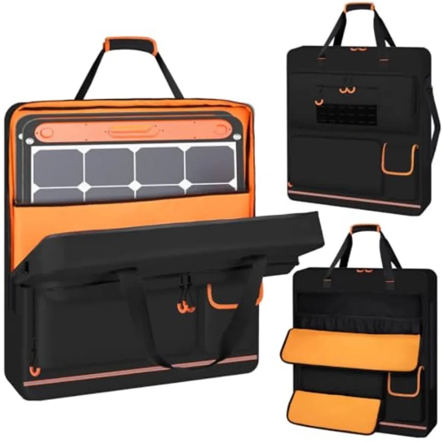 Borsa per il trasporto di pannelli solari con rivestimento arancione, apertura profonda con cerniera e spazio multi-accessori, ideale per viaggi.