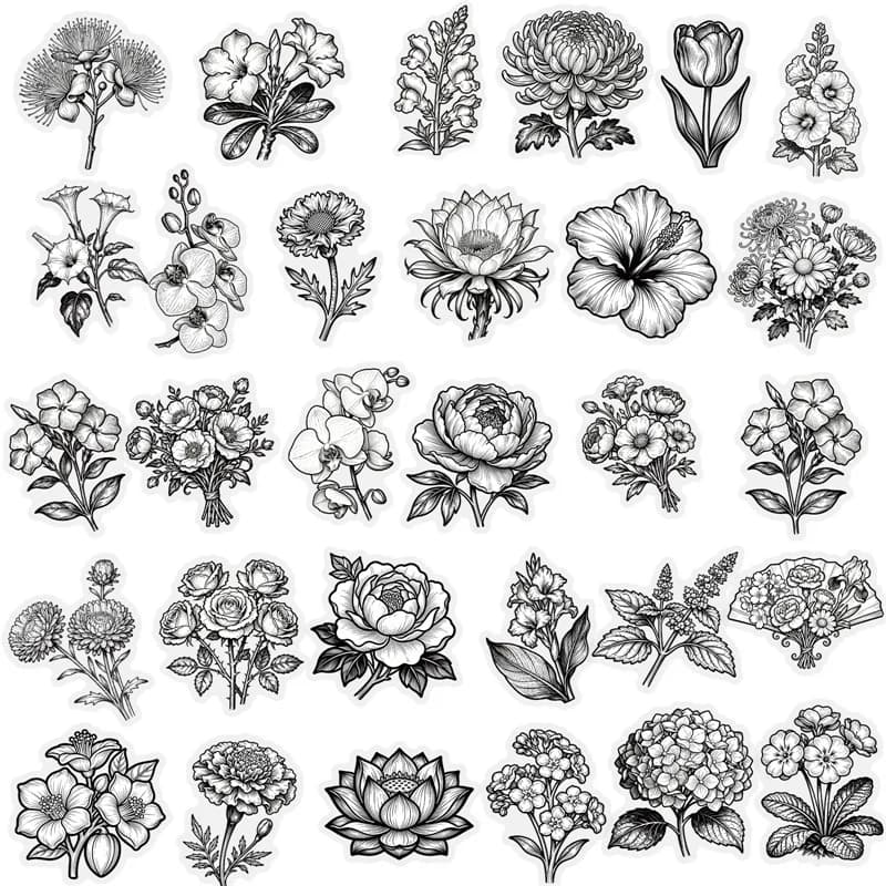 56PCS Black Line Flower PET Sticky Sticker Aesthetic Transparent DIY Phone Laptop Luggage Skateboard Graffiti Decals