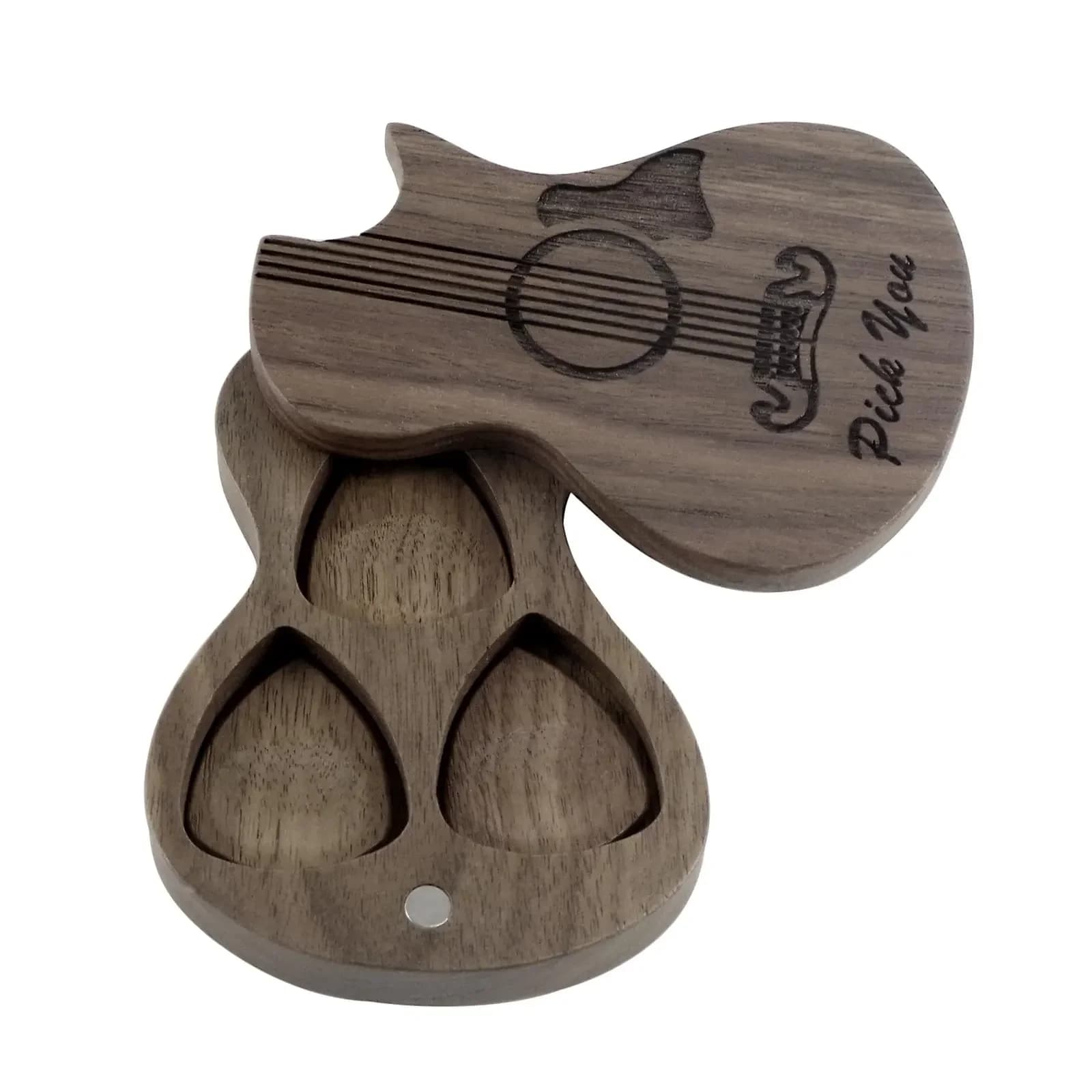 Porta plettro per chitarra in legno massello con set regalo per plettro per plettro per chitarra inciso in legno da 3 pezzi in noce