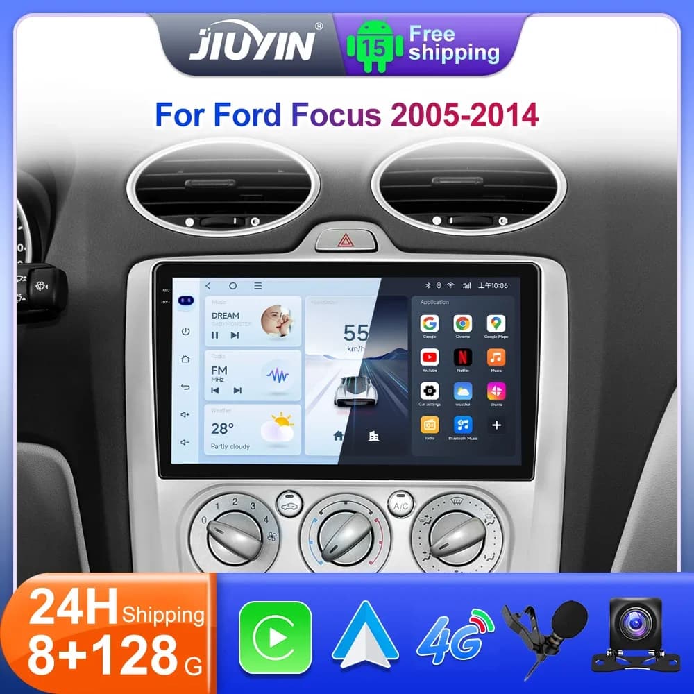 JIUYIN 9" Android 15 Car Radio For Ford Focus 2 Mk2 2005-2014 Automotivo Stereo Multimedia Player GPS 2DIN Carplay Radio Screen