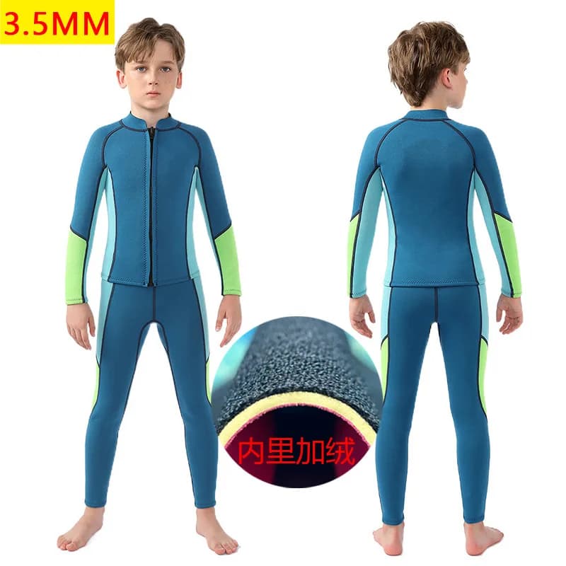 Neoprene wheels in two pieces of 3.5 mm, wetsuits for children with front zipper throughout the body Jacekt + trousers, diving, snorkeling, surfing, swimming
