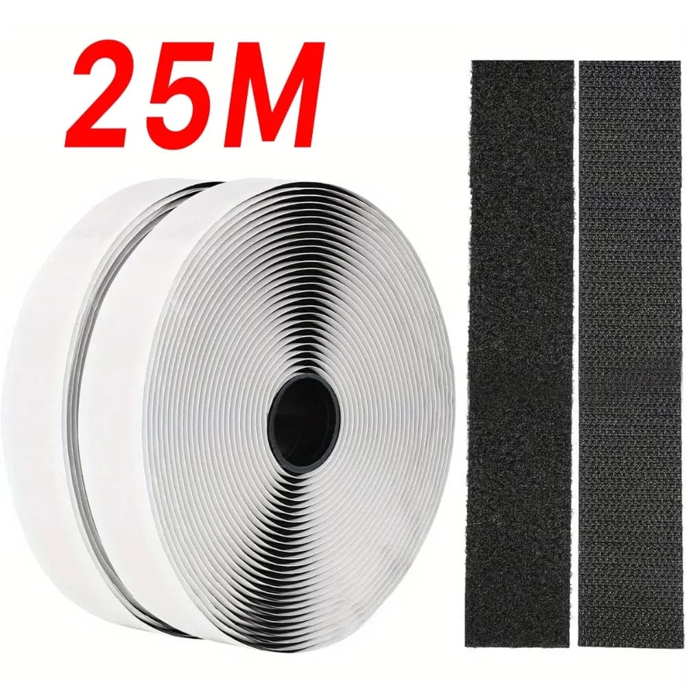 Nastro Adesivo in Velcro da 25M, Striscia Biadesiva Magica per Casa e Auto, Forte Adesione, Rotolo per Fai-da-Te