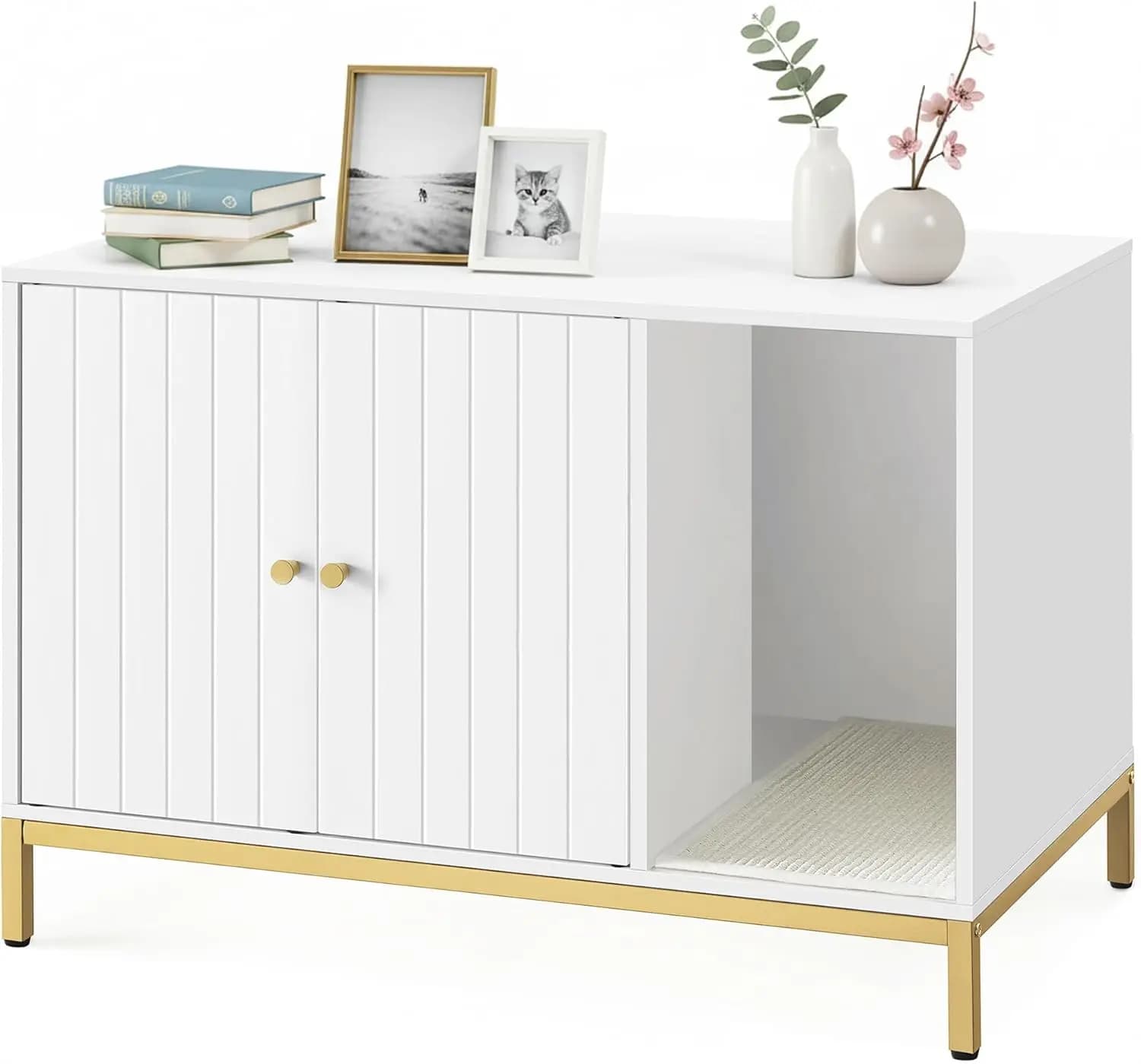 Lettiera Moderna per Gatti con Tiragraffi, Ingresso Frontale, Doppie Porte, Bianca e Oro, Arredamento