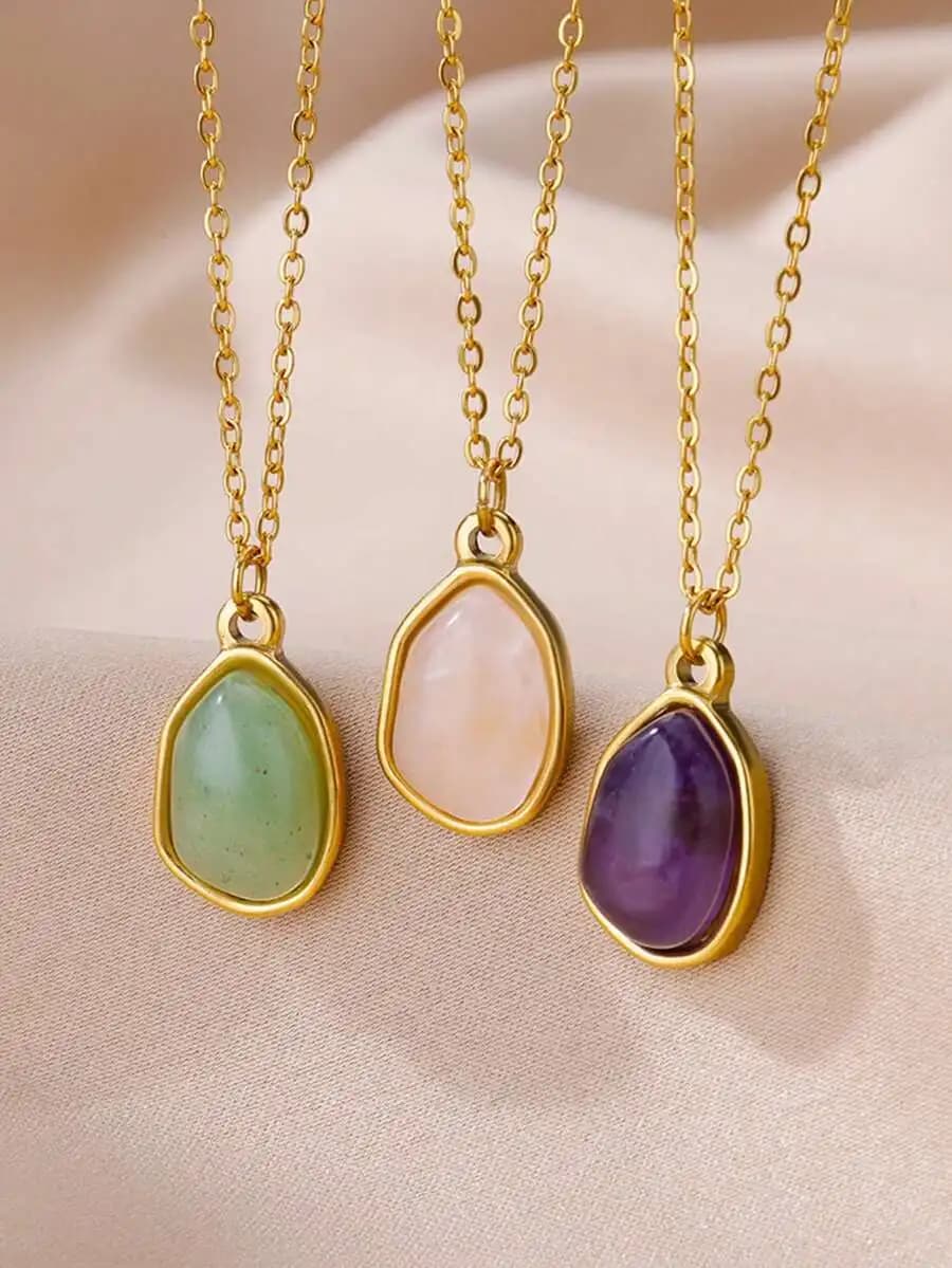 1pc Women's Asymmetrical Green Stone Pendant Necklace In Stainless Steel, European & American Style Fashion Accessory For Daily
