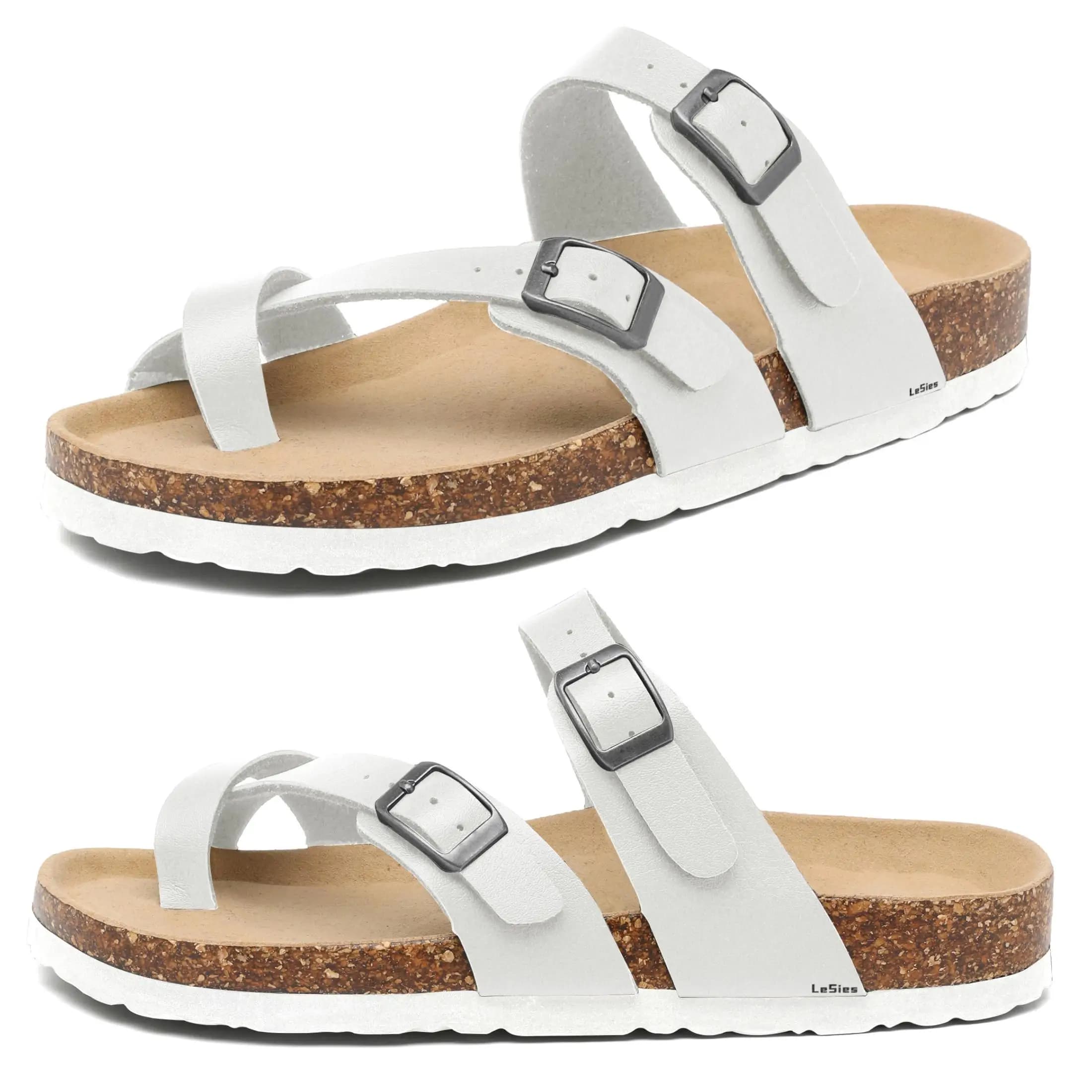 Womens Cork Footbed Sandals Comfort Open Toe Slides Adjustable Buckle Beach Summer Flat Sandals