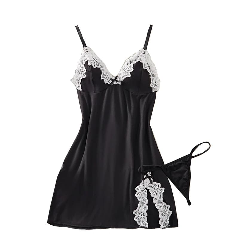 Sexy Women's Lingerie Set Deep V Pajama Bow Slim Fitting Suspender Lace Split Skirt Nightgown Dress